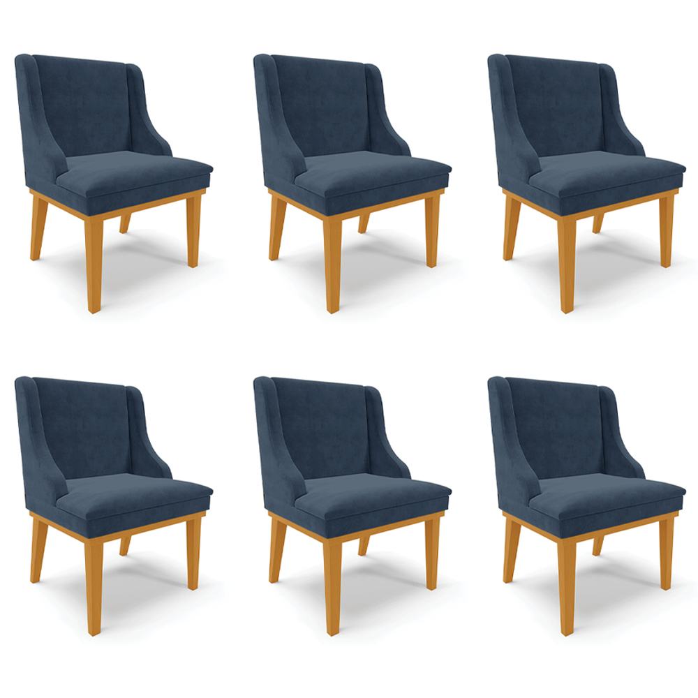 Kit 6 Cadeiras Decorativas Sala de Jantar Base Fixa de Madeira Firenze Suede Azul Marinho/Castanho G19 - Gran Belo