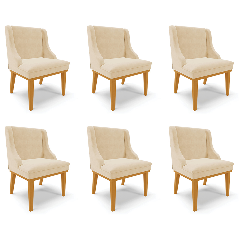 Kit 6 Cadeiras Decorativas Sala de Jantar Base Fixa de Madeira Firenze Suede Bege/Castanho G19 - Gran Belo