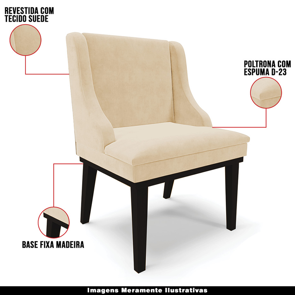 Kit 6 Cadeiras Decorativas Sala de Jantar Base Fixa de Madeira Firenze Suede Bege/Preto G19 - Gran Belo