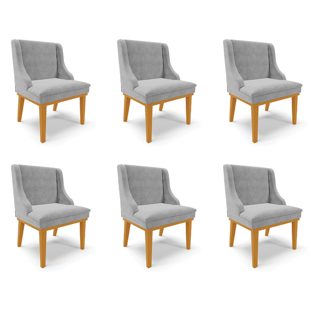 Kit 6 Cadeiras Decorativas Sala de Jantar Base Fixa de Madeira Firenze Suede Cinza/Castanho G19 - Gran Belo