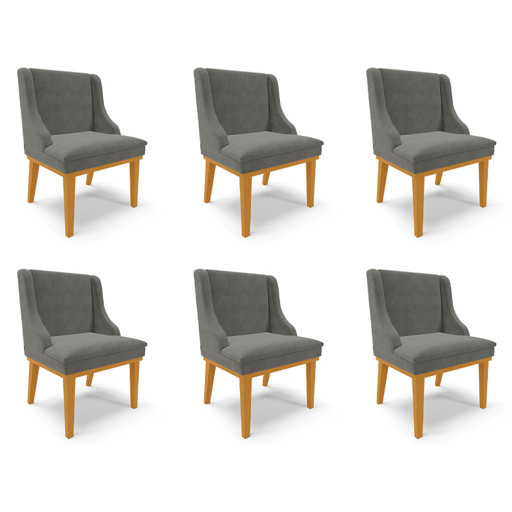 Kit 6 Cadeiras Decorativas Sala de Jantar Base Fixa de Madeira Firenze Suede Grafite/Castanho G19 - Gran Belo