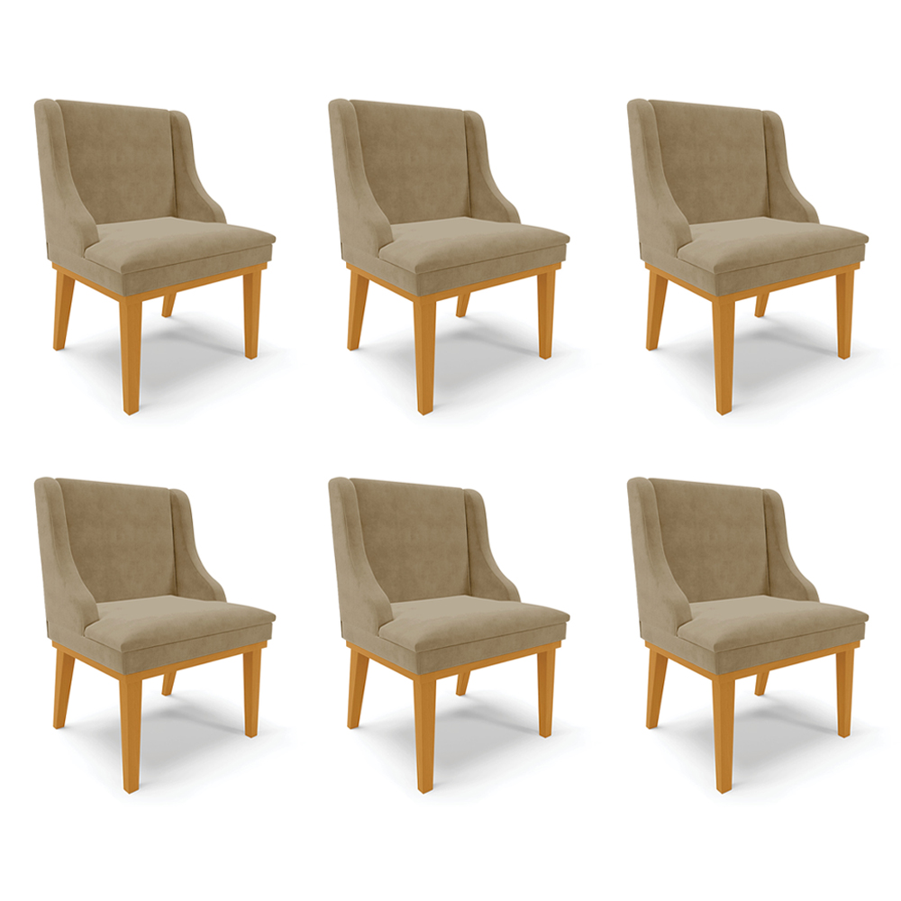 Kit 6 Cadeiras Decorativas Sala de Jantar Base Fixa de Madeira Firenze Suede Nude/Castanho G19 - Gran Belo