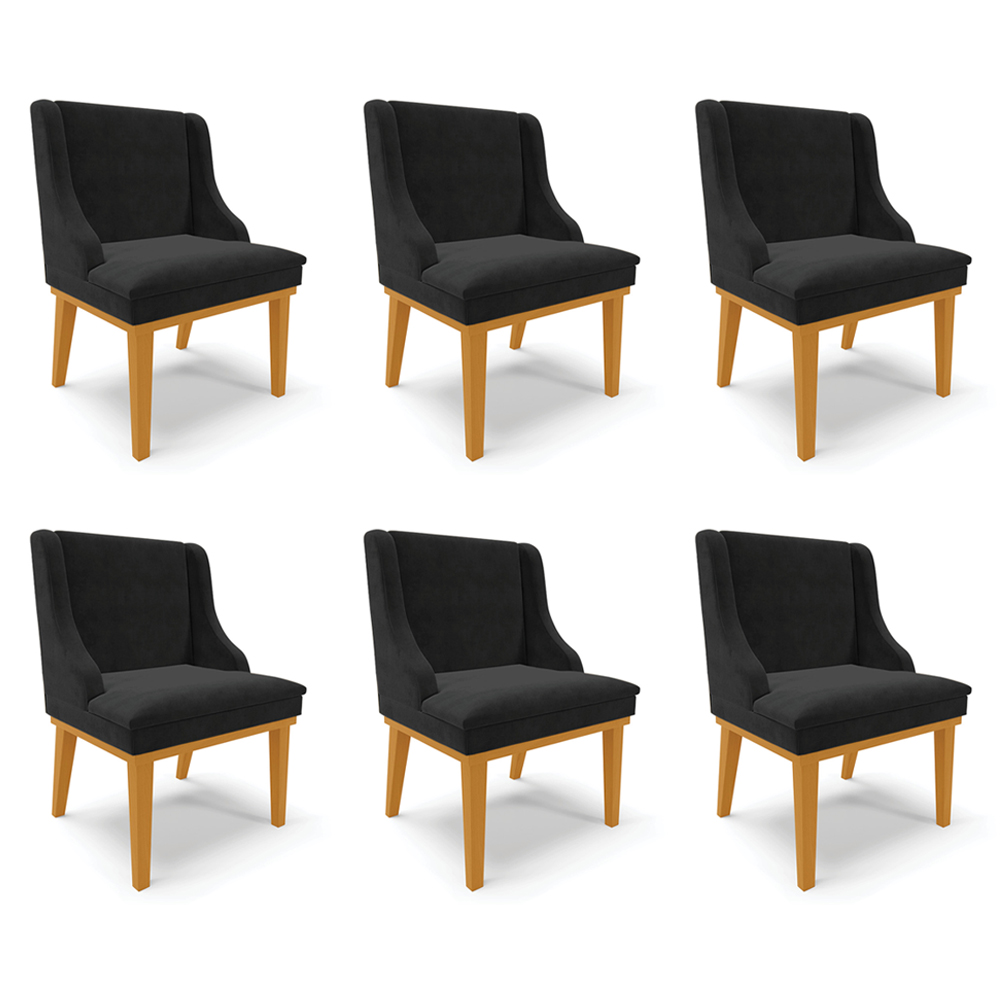 Kit 6 Cadeiras Decorativas Sala de Jantar Base Fixa de Madeira Firenze Suede Preto/Castanho G19 - Gran Belo