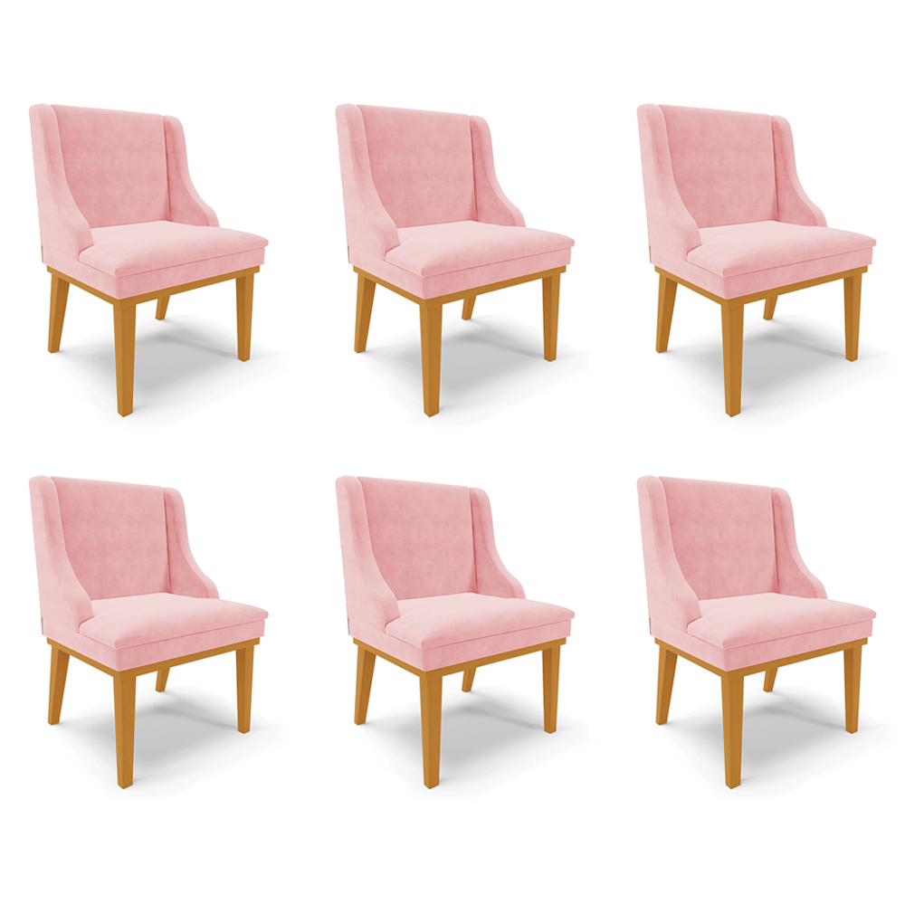 Kit 6 Cadeiras Decorativas Sala de Jantar Base Fixa de Madeira Firenze Suede Rosa Bebê/Castanho G19 - Gran Belo