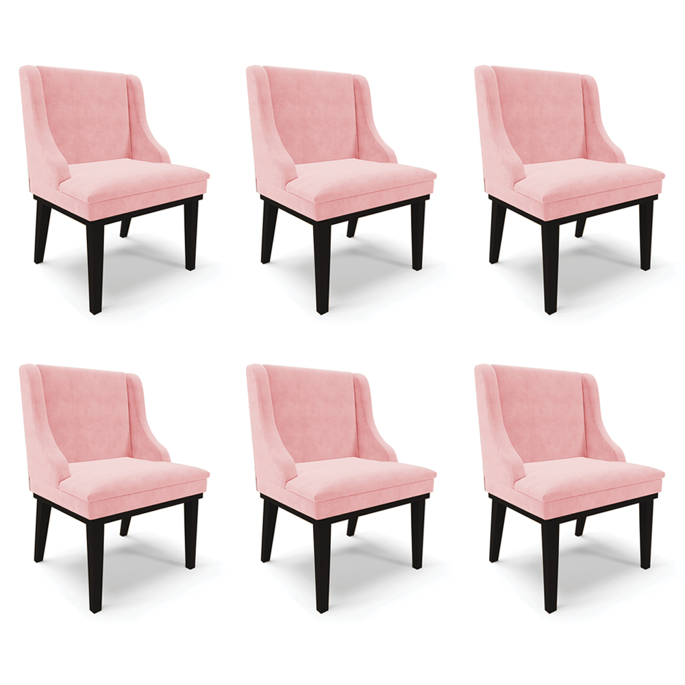 Kit 6 Cadeiras Decorativas Sala de Jantar Base Fixa de Madeira Firenze Suede Rosa Bebê/Preto G19 - Gran Belo