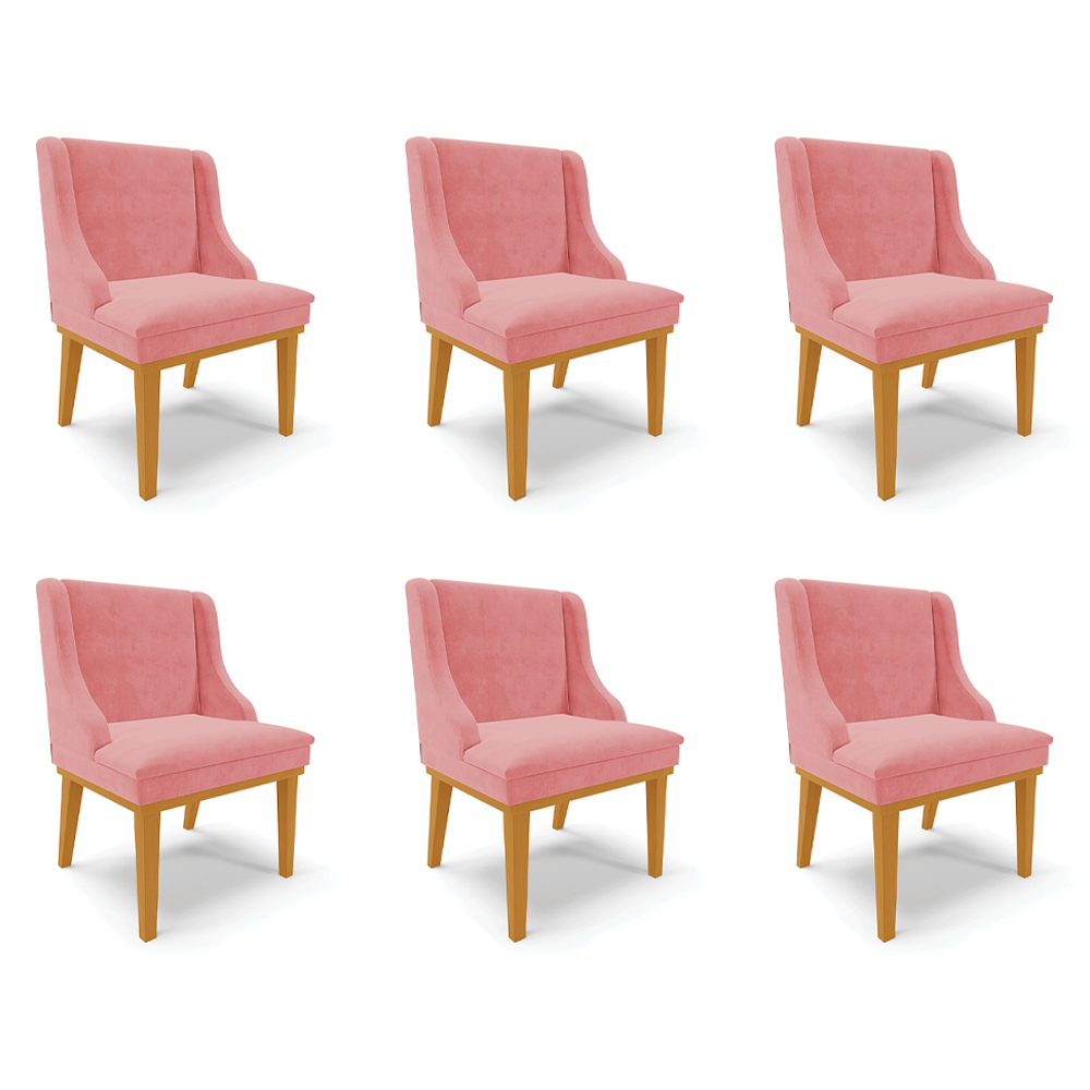 Kit 6 Cadeiras Decorativas Sala de Jantar Base Fixa de Madeira Firenze Suede Rose/Castanho G19 - Gran Belo