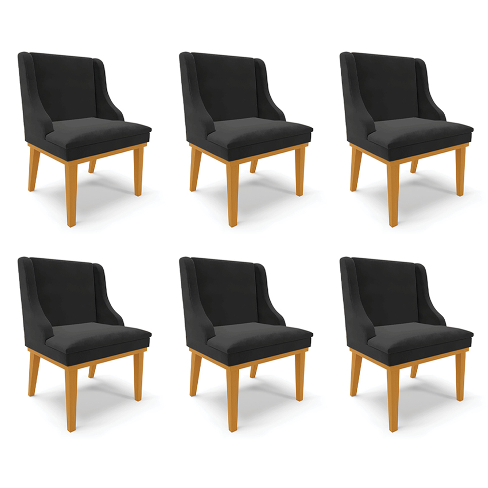 Kit 6 Cadeiras Decorativas Sala de Jantar Base Fixa de Madeira Firenze Veludo Preto/Castanho G19 - Gran Belo