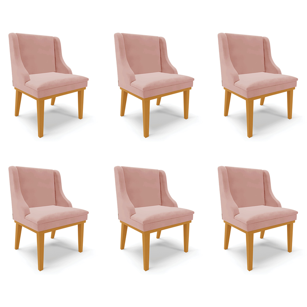 Kit 6 Cadeiras Decorativas Sala de Jantar Base Fixa de Madeira Firenze Veludo Rose/Castanho G19 - Gran Belo