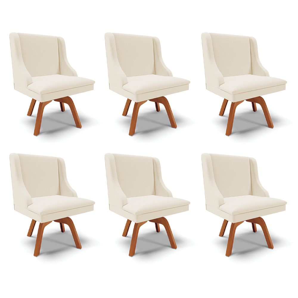 Kit 6 Cadeiras Decorativas Sala de Jantar Base Giratória de Madeira Firenze Linho Bege/Natural G19 - Gran Belo