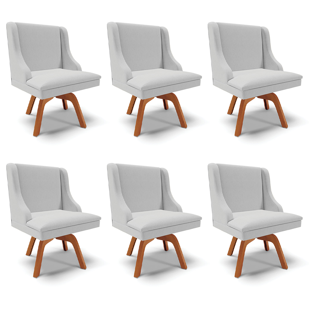 Kit 6 Cadeiras Decorativas Sala de Jantar Base Giratória de Madeira Firenze Linho Cinza/Natural G19 - Gran Belo