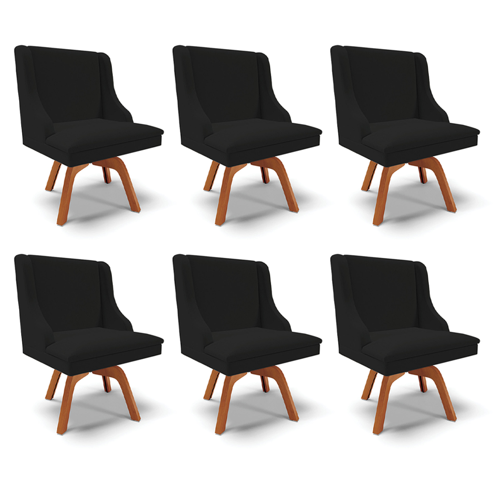 Kit 6 Cadeiras Decorativas Sala de Jantar Base Giratória de Madeira Firenze Linho Preto/Natural G19 - Gran Belo