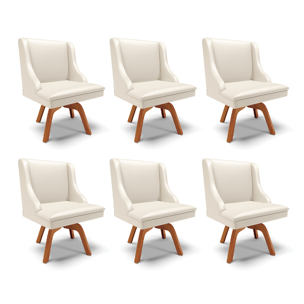 Kit 6 Cadeiras Decorativas Sala de Jantar Base Giratória de Madeira Firenze PU Bege/Natural G19 - Gran Belo