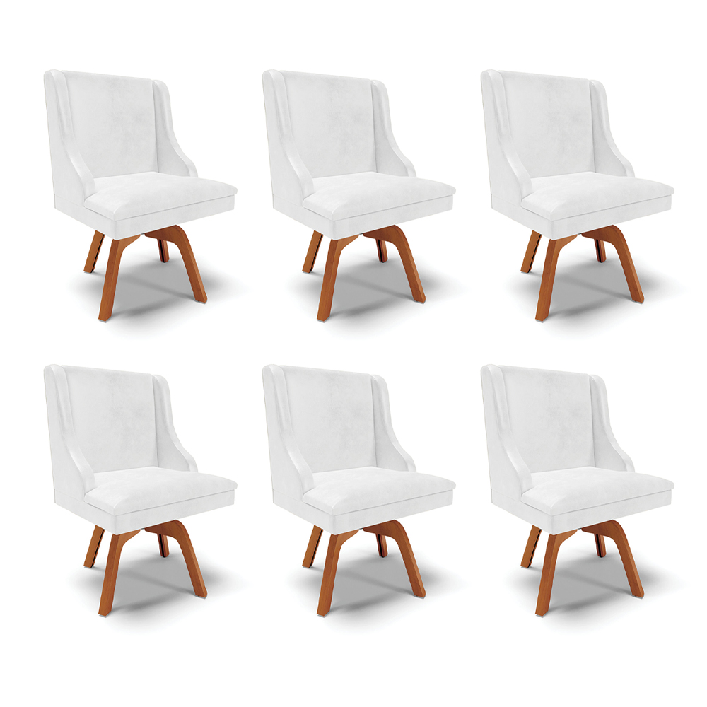 Kit 6 Cadeiras Decorativas Sala de Jantar Base Giratória de Madeira Firenze PU Branco Brilho/Natural G19 - Gran Belo
