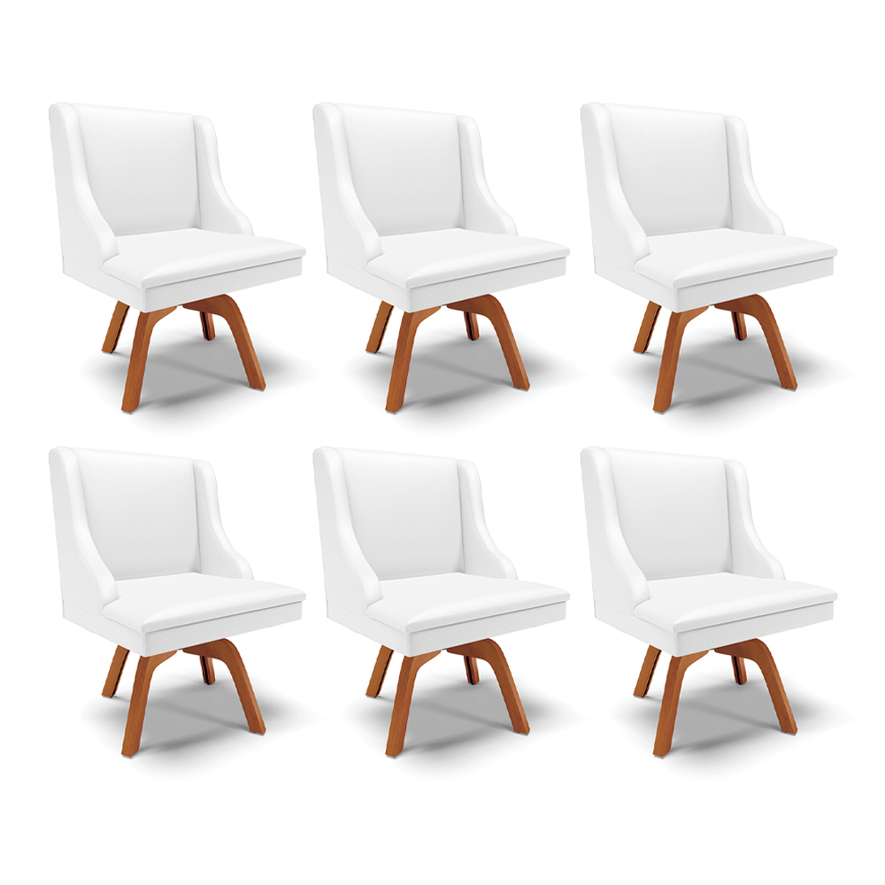 Kit 6 Cadeiras Decorativas Sala de Jantar Base Giratória de Madeira Firenze PU Branco Fosco/Natural G19 - Gran Belo