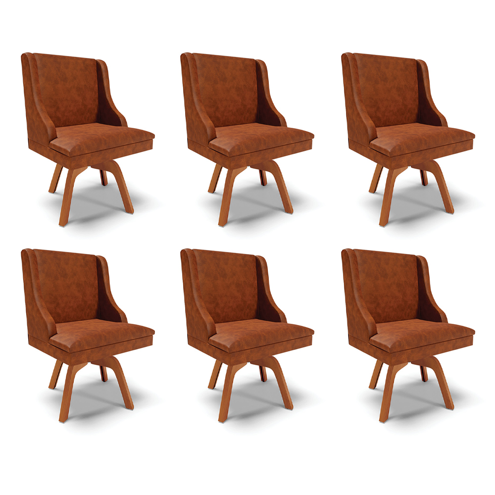 Kit 6 Cadeiras Decorativas Sala de Jantar Base Giratória de Madeira Firenze PU Nozes/Natural G19 - Gran Belo
