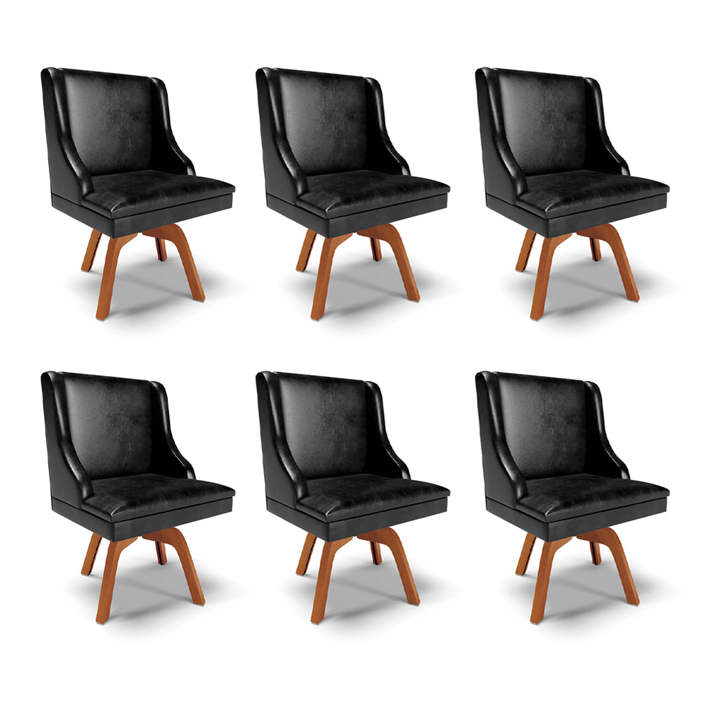 Kit 6 Cadeiras Decorativas Sala de Jantar Base Giratória de Madeira Firenze PU Preto Brilho/Natural G19 - Gran Belo