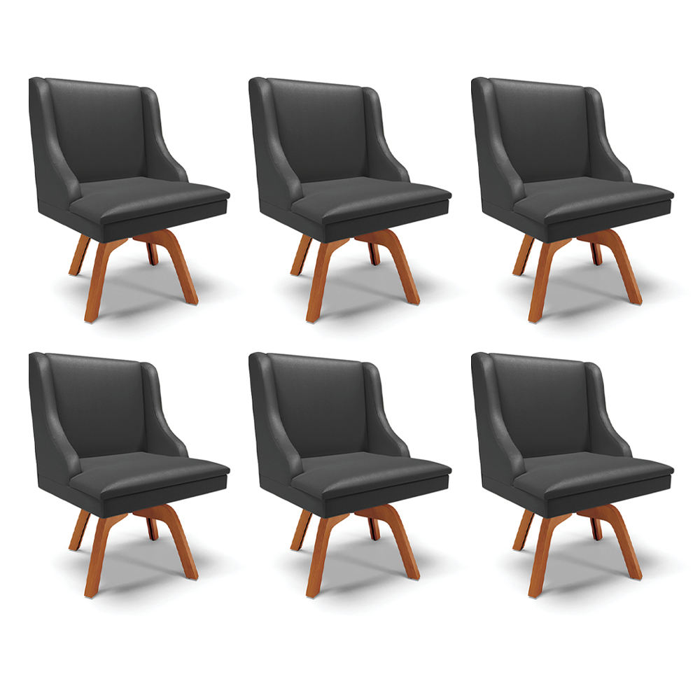 Kit 6 Cadeiras Decorativas Sala de Jantar Base Giratória de Madeira Firenze PU Preto Fosco/Natural G19 - Gran Belo