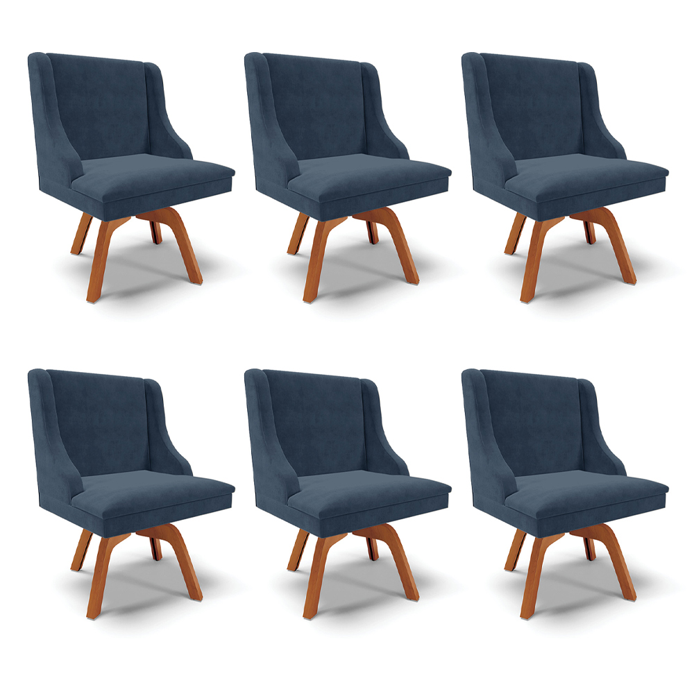 Kit 6 Cadeiras Decorativas Sala de Jantar Base Giratória de Madeira Firenze Suede Azul Marinho/Natural G19 - Gran Belo