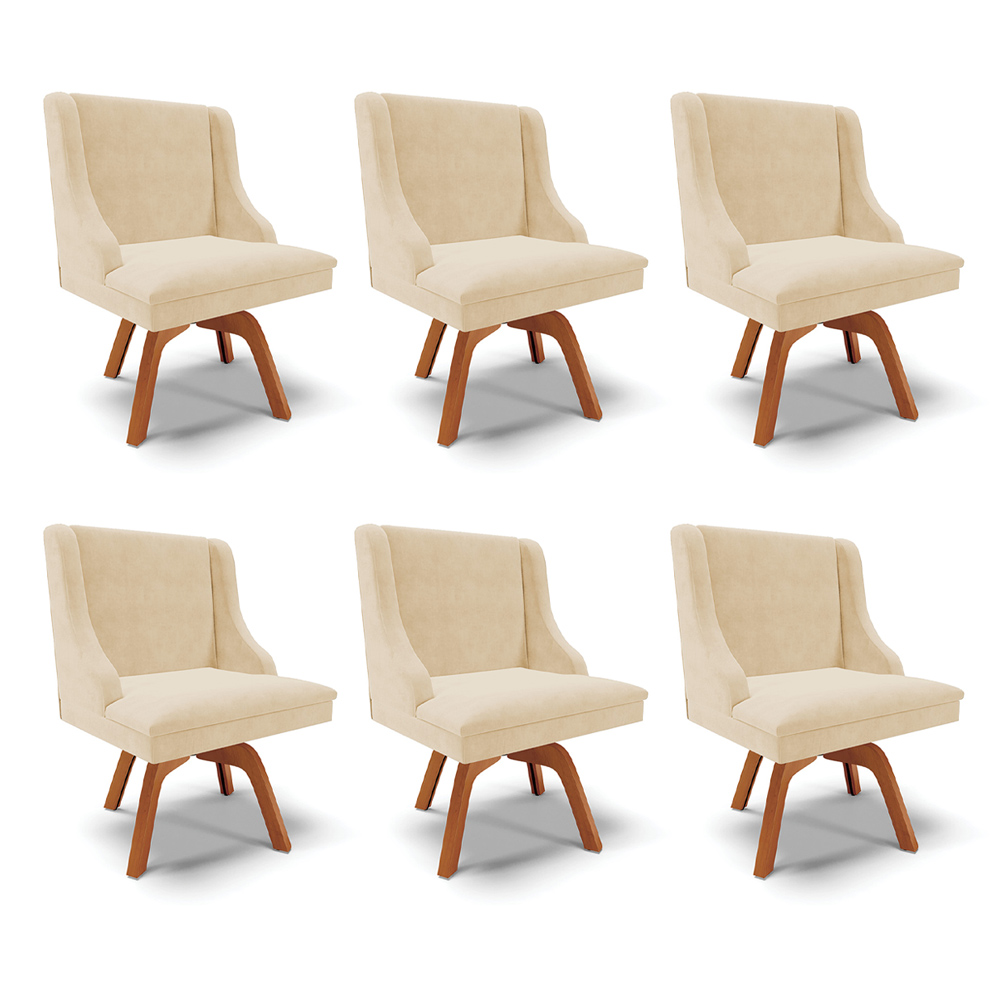 Kit 6 Cadeiras Decorativas Sala de Jantar Base Giratória de Madeira Firenze Suede Bege/Natural G19 - Gran Belo