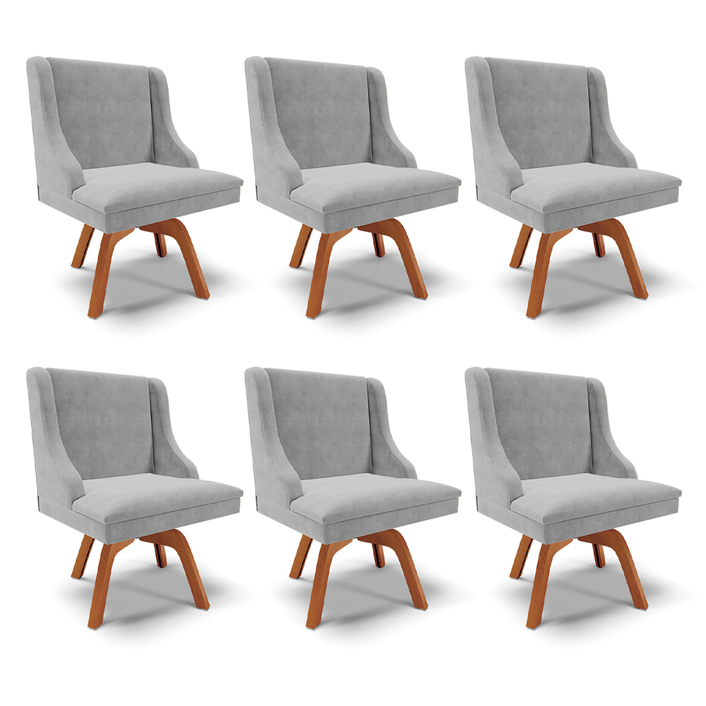 Kit 6 Cadeiras Decorativas Sala de Jantar Base Giratória de Madeira Firenze Suede Cinza/Natural G19 - Gran Belo