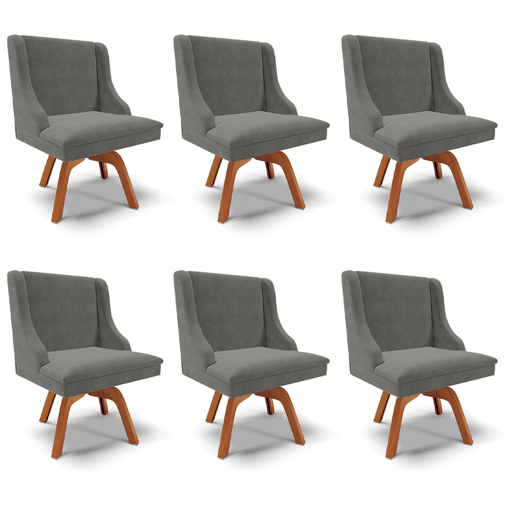 Kit 6 Cadeiras Decorativas Sala de Jantar Base Giratória de Madeira Firenze Suede Grafite/Natural G19 - Gran Belo