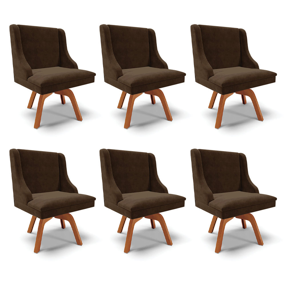 Kit 6 Cadeiras Decorativas Sala de Jantar Base Giratória de Madeira Firenze Suede Marrom/Natural G19 - Gran Belo