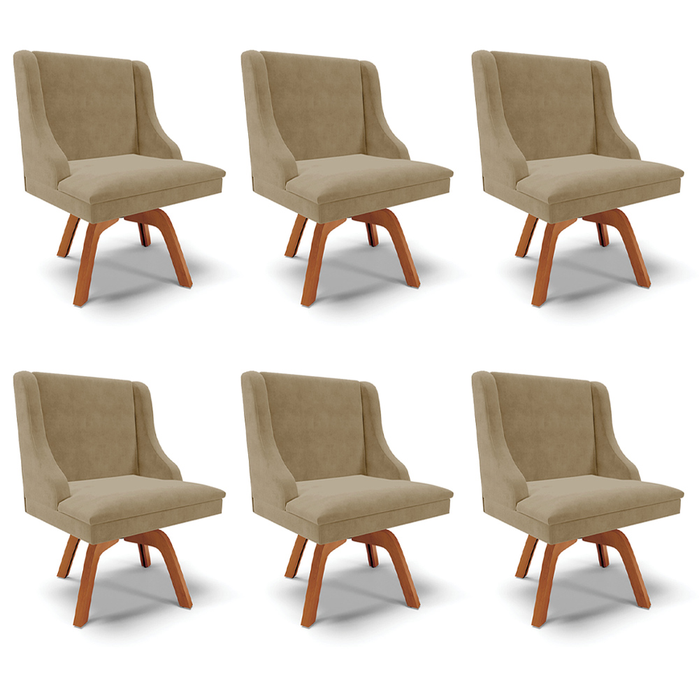 Kit 6 Cadeiras Decorativas Sala de Jantar Base Giratória de Madeira Firenze Suede Nude/Natural G19 - Gran Belo