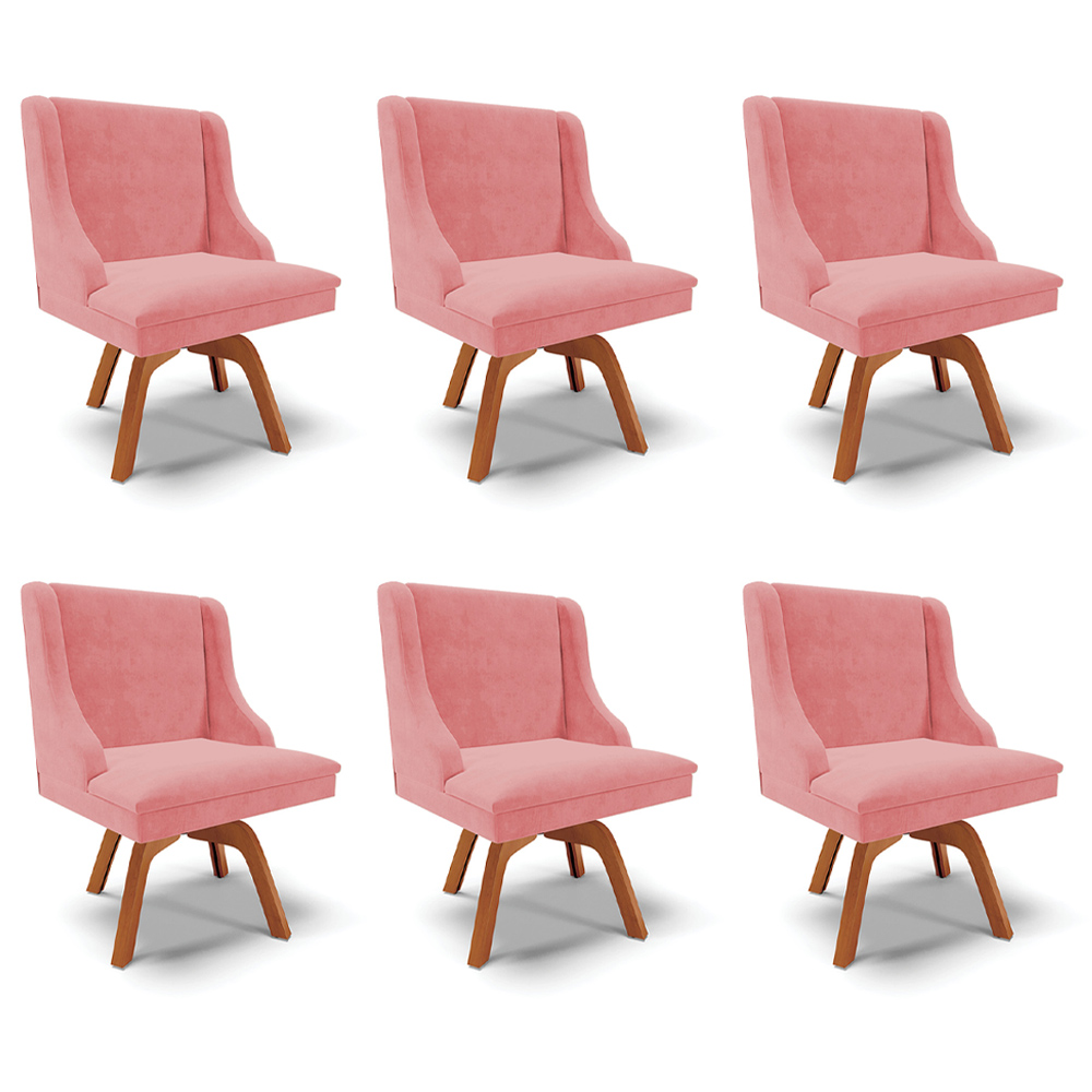 Kit 6 Cadeiras Decorativas Sala de Jantar Base Giratória de Madeira Firenze Suede Rosê/Natural G19 - Gran Belo