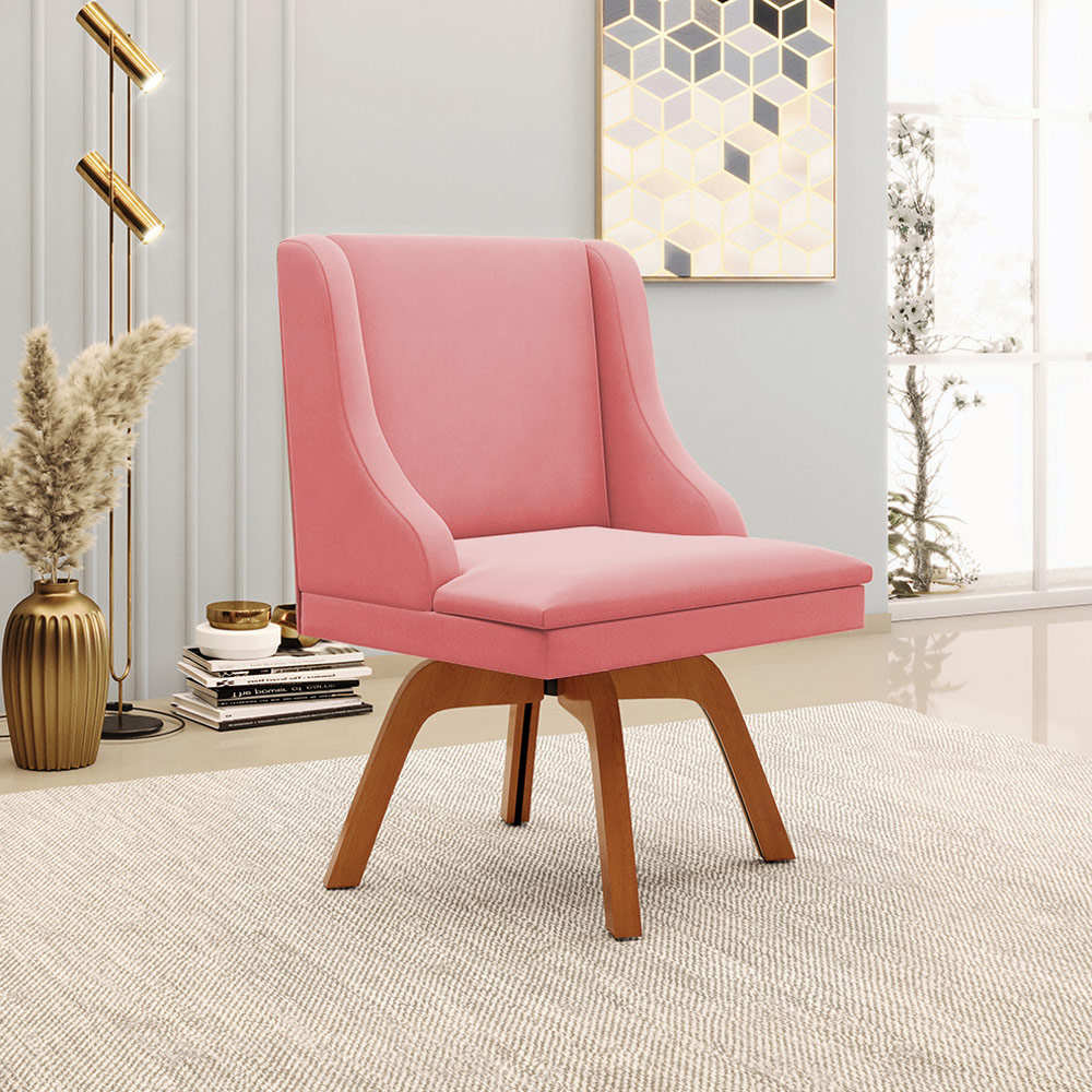 Kit 6 Cadeiras Decorativas Sala de Jantar Base Giratória de Madeira Firenze Suede Rosê/Natural G19 - Gran Belo