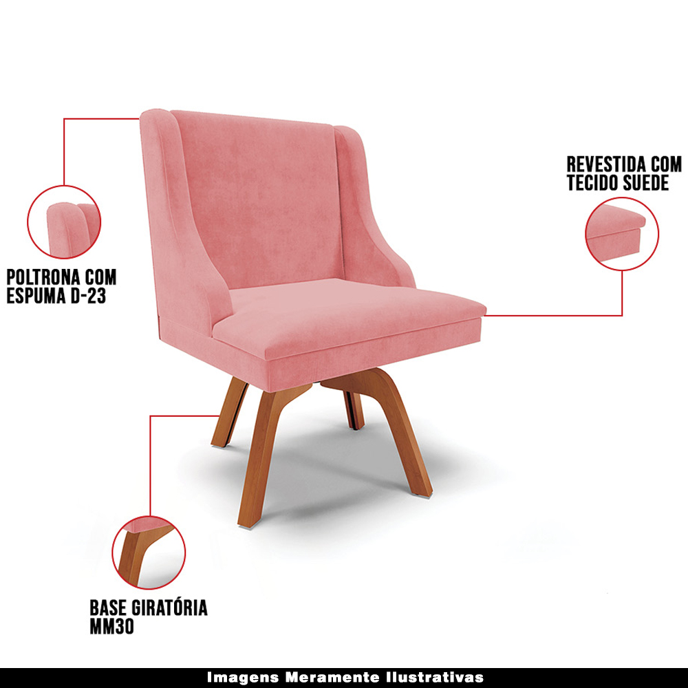 Kit 6 Cadeiras Decorativas Sala de Jantar Base Giratória de Madeira Firenze Suede Rosê/Natural G19 - Gran Belo