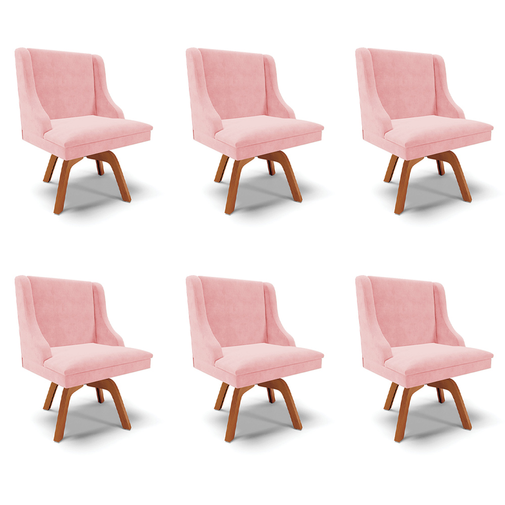 Kit 6 Cadeiras Decorativas Sala de Jantar Base Giratória de Madeira Firenze Suede Rosa Bebê/Natural G19 - Gran Belo