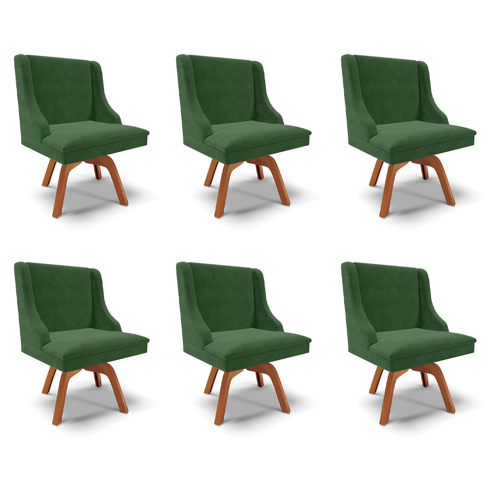 Kit 6 Cadeiras Decorativas Sala de Jantar Base Giratória de Madeira Firenze Suede Verde Esmeralda/Natural G19 - Gran Belo