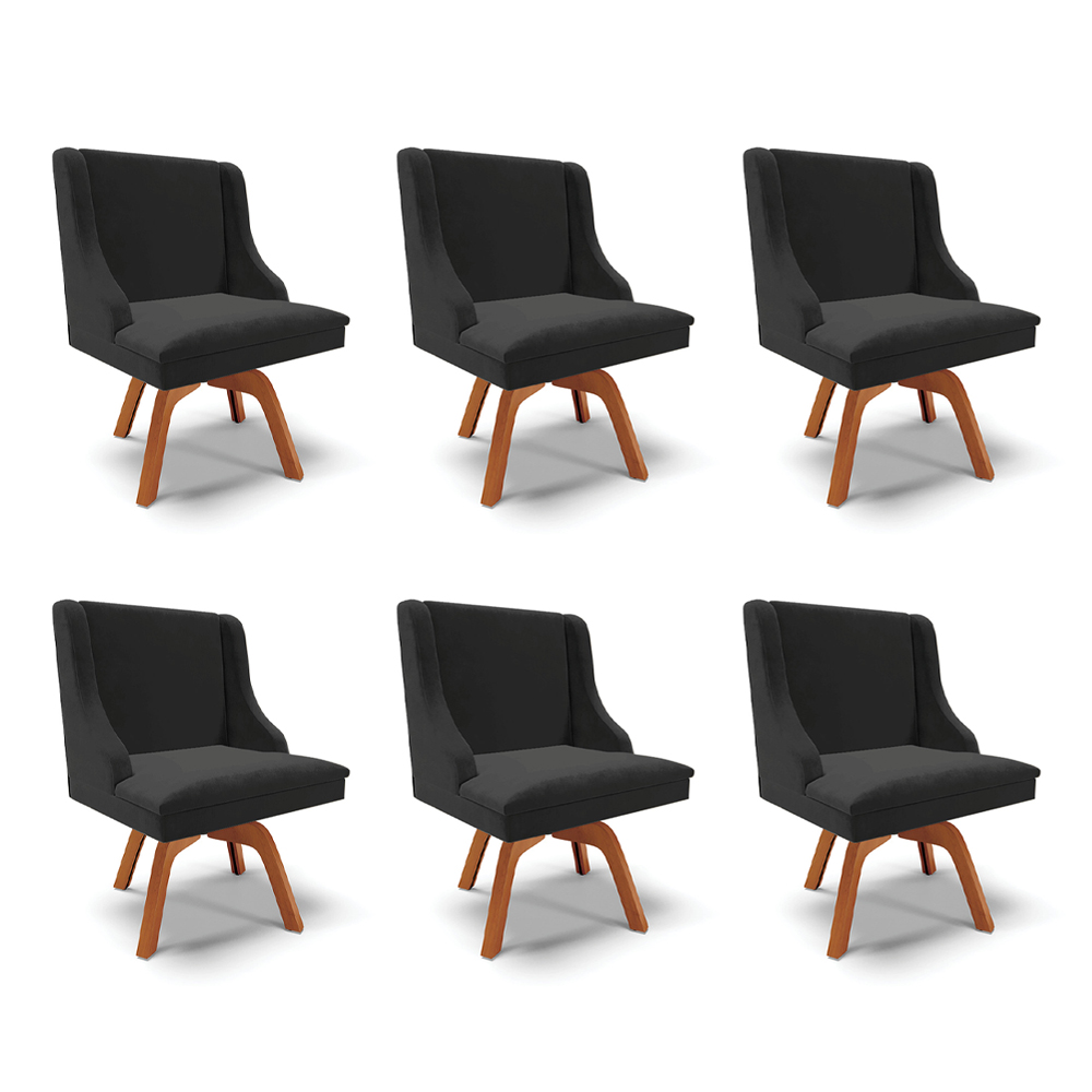 Kit 6 Cadeiras Decorativas Sala de Jantar Base Giratória de Madeira Firenze Veludo Preto/Natural G19 - Gran Belo