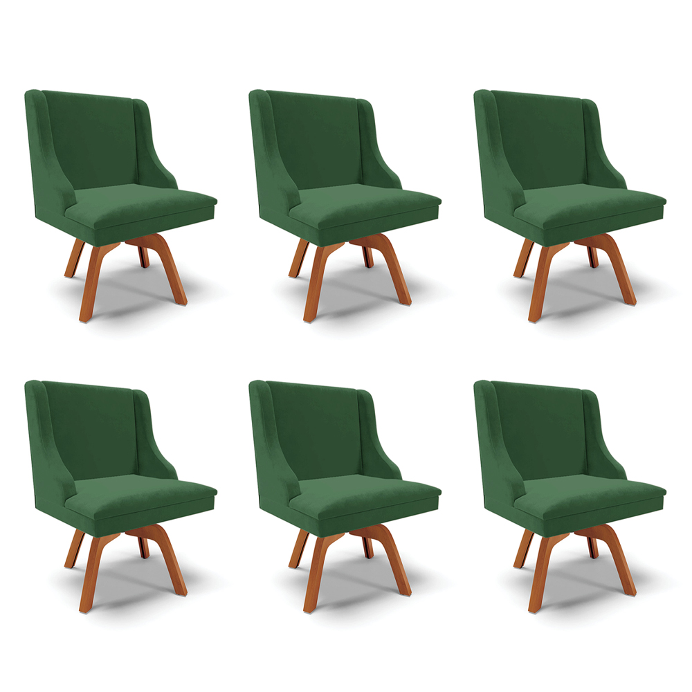 Kit 6 Cadeiras Decorativas Sala de Jantar Base Giratória de Madeira Firenze Veludo Verde/Natural G19 - Gran Belo