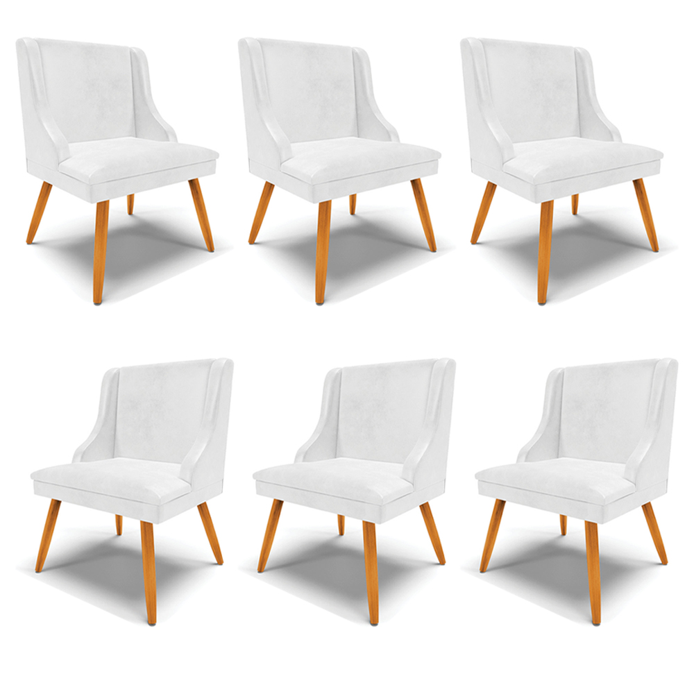 Kit 6 Cadeiras Decorativas Sala de Jantar Pés Palito de Madeira Firenze PU Branco Brilho/Natural G19 - Gran Belo