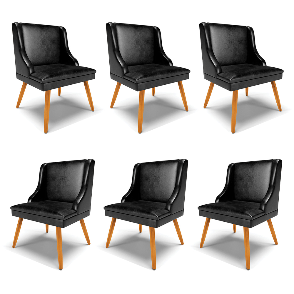 Kit 6 Cadeiras Decorativas Sala de Jantar Pés Palito de Madeira Firenze PU Preto Brilho/Natural G19 - Gran Belo