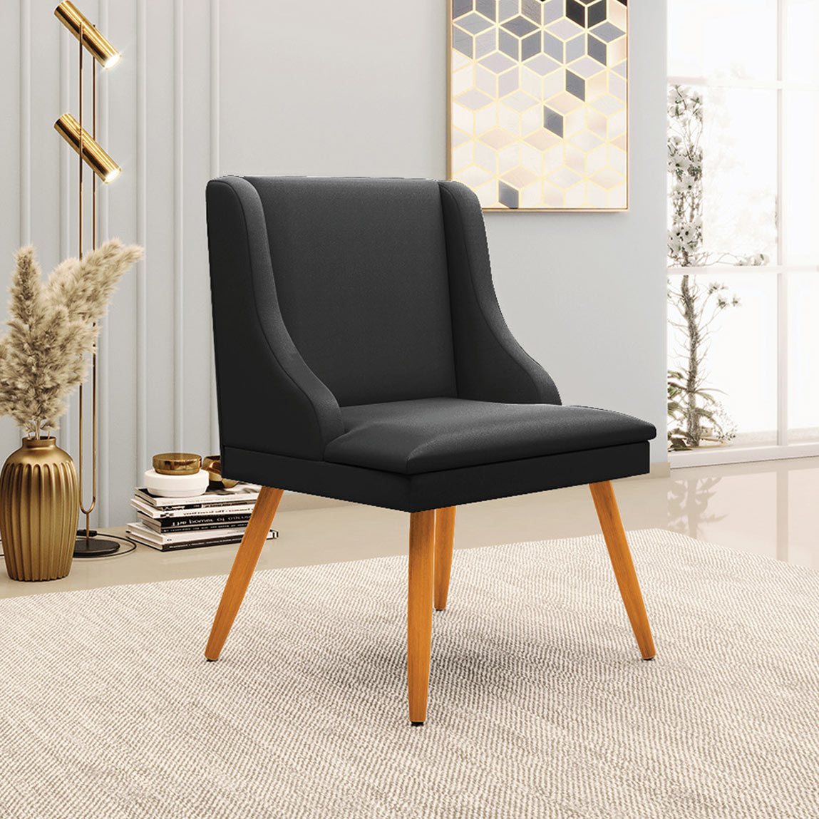Kit 6 Cadeiras Decorativas Sala de Jantar Pés Palito de Madeira Firenze PU Preto Fosco/Natural G19 - Gran Belo