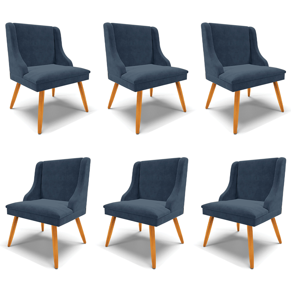 Kit 6 Cadeiras Decorativas Sala de Jantar Pés Palito de Madeira Firenze Suede Azul Marinho/Natural G19 - Gran Belo