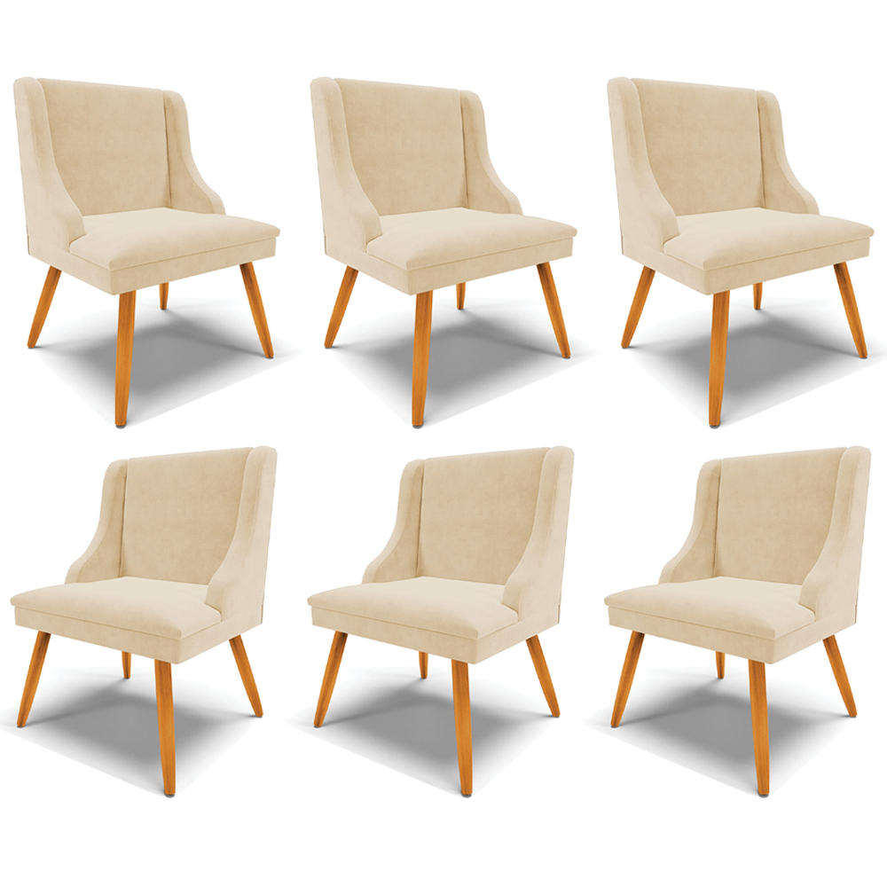 Kit 6 Cadeiras Decorativas Sala de Jantar Pés Palito de Madeira Firenze Suede Bege/Natural G19 - Gran Belo
