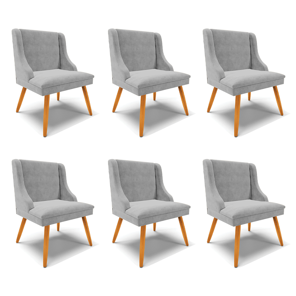 Kit 6 Cadeiras Decorativas Sala de Jantar Pés Palito de Madeira Firenze Suede Cinza/Natural G19 - Gran Belo
