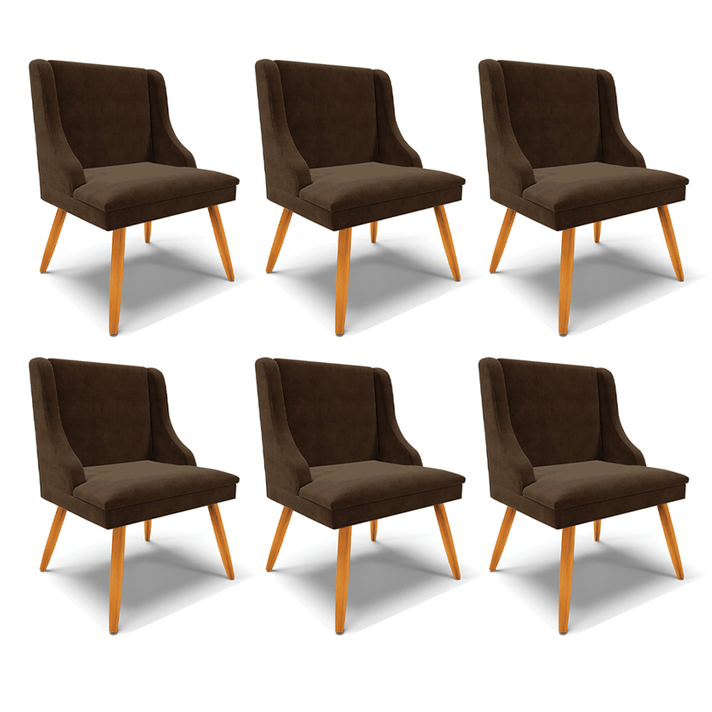 Kit 6 Cadeiras Decorativas Sala de Jantar Pés Palito de Madeira Firenze Suede Marrom/Natural G19 - Gran Belo