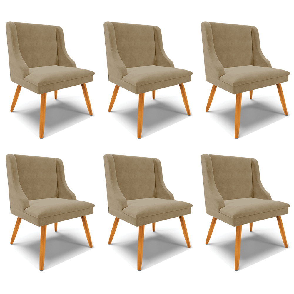 Kit 6 Cadeiras Decorativas Sala de Jantar Pés Palito de Madeira Firenze Suede Nude/Natural G19 - Gran Belo