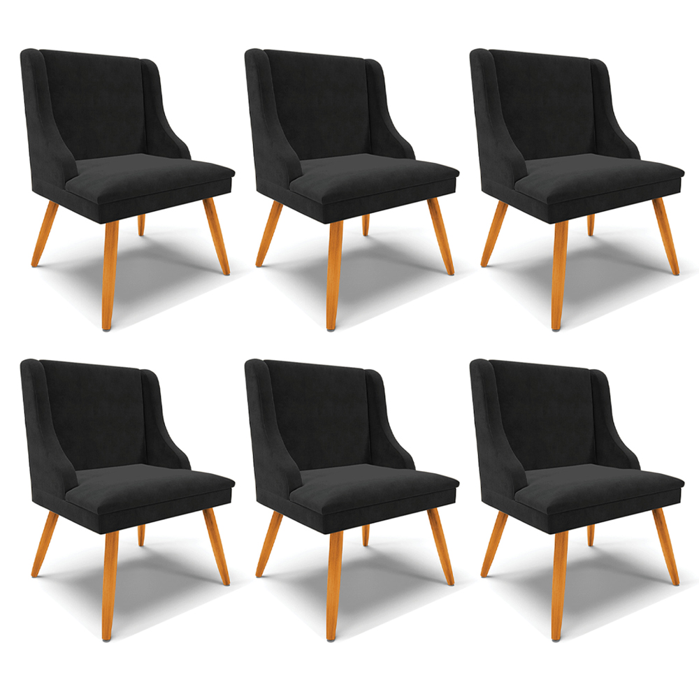 Kit 6 Cadeiras Decorativas Sala de Jantar Pés Palito de Madeira Firenze Suede Preto/Natural G19 - Gran Belo