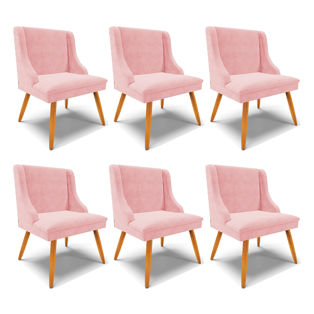 Kit 6 Cadeiras Decorativas Sala de Jantar Pés Palito de Madeira Firenze Suede Rosa Bebê/Natural G19 - Gran Belo