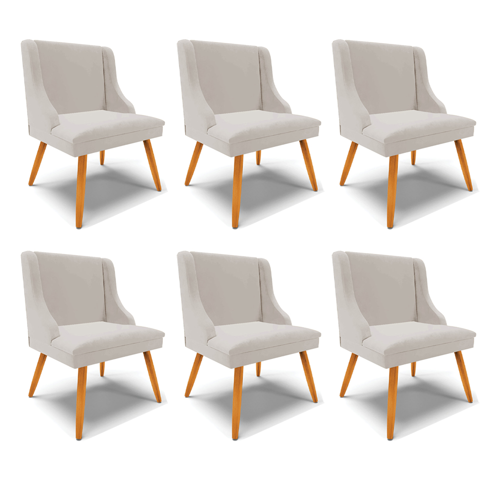 Kit 6 Cadeiras Decorativas Sala de Jantar Pés Palito de Madeira Firenze Veludo Cinza/Natural G19 - Gran Belo
