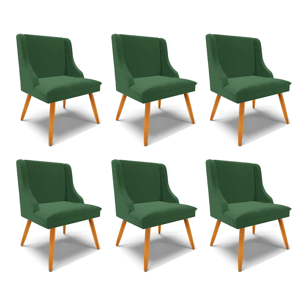 Kit 6 Cadeiras Decorativas Sala de Jantar Pés Palito de Madeira Firenze Veludo Verde/Natural G19 - Gran Belo