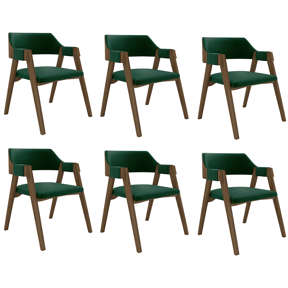 Kit 6 Cadeiras Sala de Jantar e Jogos Carteados Madeira Maciça Poker Veludo Verde/Nogueira G42 - Gran Belo