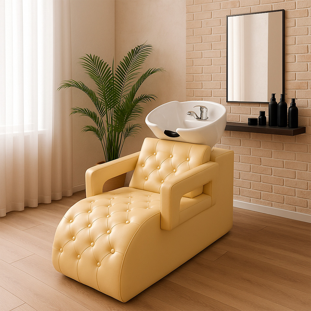 Lavatório Acolchoado para Salão de Beleza Bulma com Cuba e Torneira Monocomando PU Bege G31 - Gran Belo