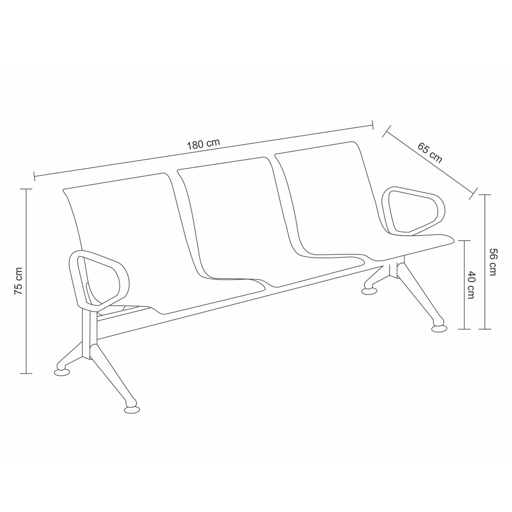 Longarina para Escritório 180cm Desk 3 Lugares Braços Externos em Aço Inox G56 - Gran Belo
