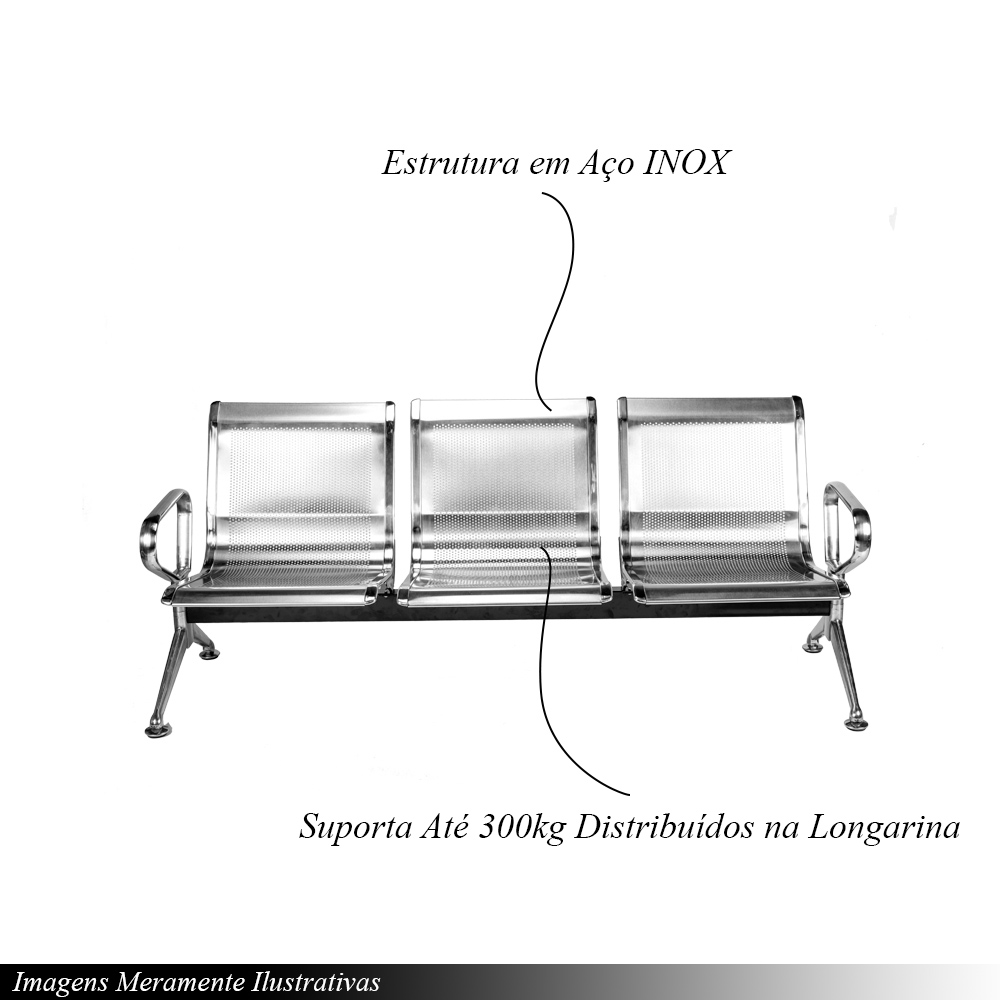 Longarina para Escritório 180cm Desk 3 Lugares Braços Externos em Aço Inox G56 - Gran Belo